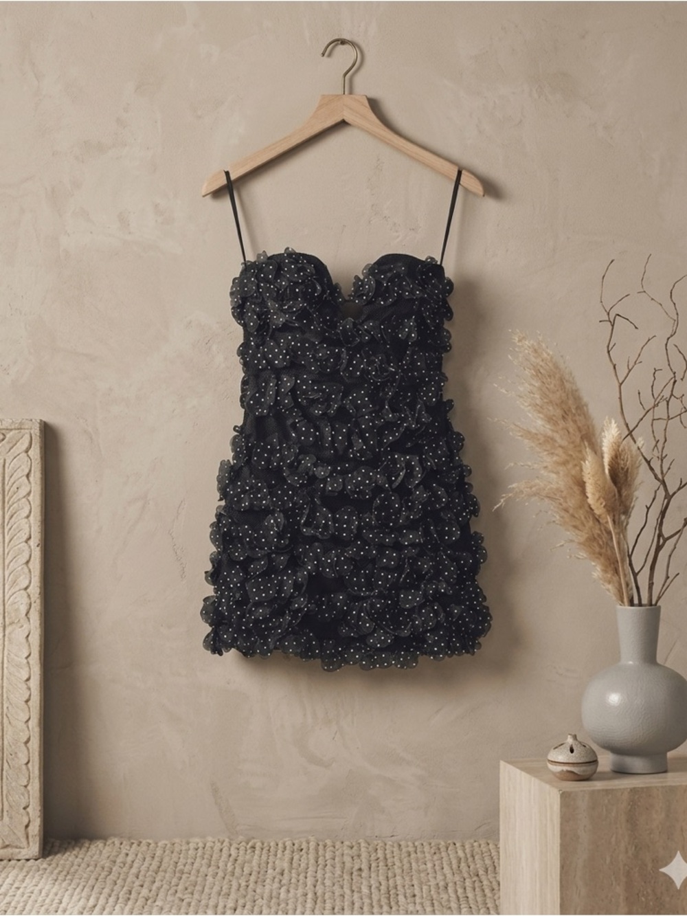 By Anthropologie 3D Floral Polka Dot Black White Mini Dress NWT 10